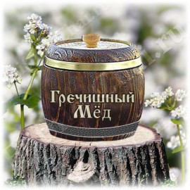 Алтайский эко-мед Гречишный 0,5 кг, в деревянном бочонке, размер 10 см на 12 см